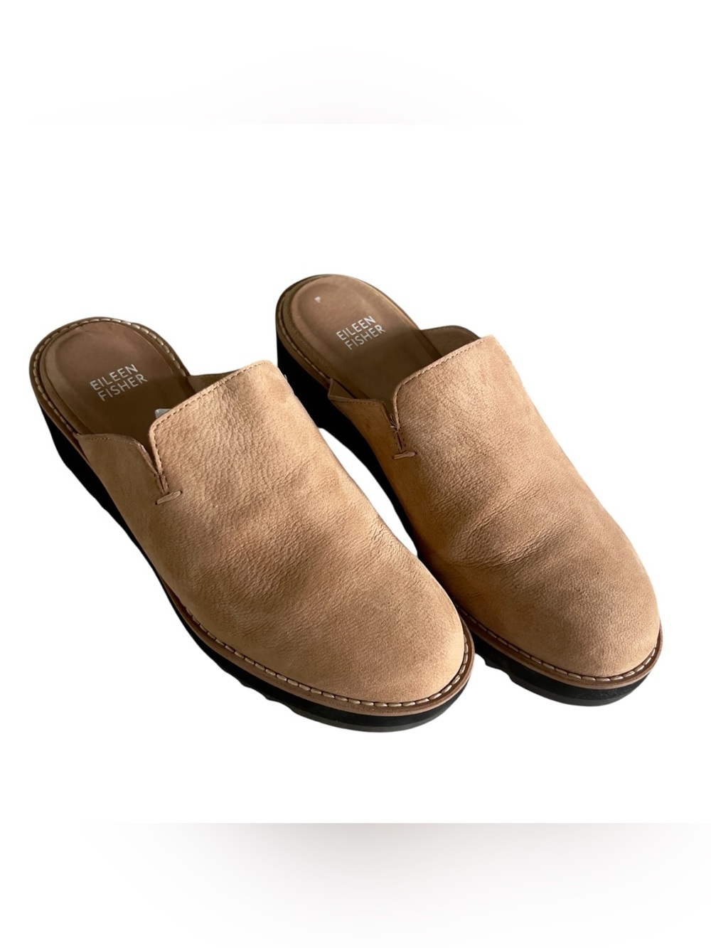 Eileen Fisher Tan Nubuck Leather Platform Mule Clogs Size 7.5 EU 38